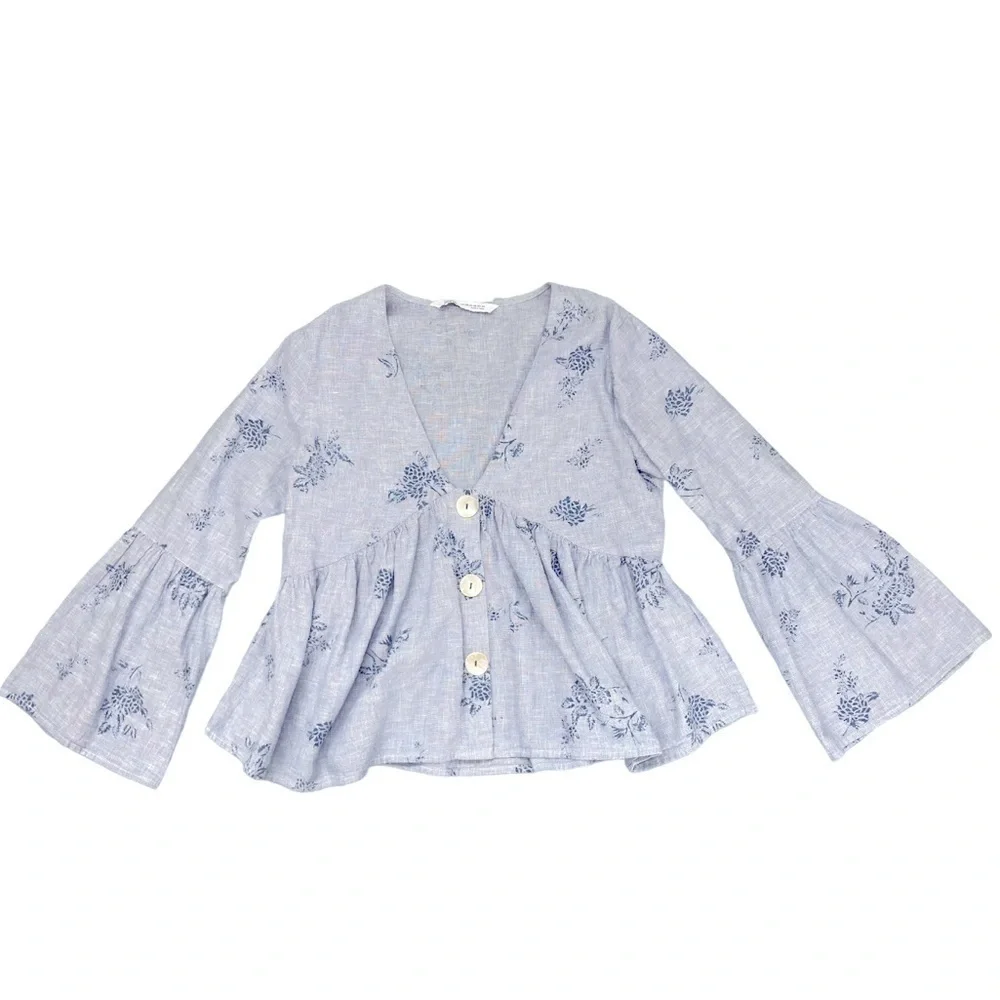 ZARA 100% cotton denim chambray bohemian smock peasant top with floral design - Picture 2 of 12